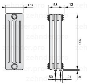 Схема (чертеж) Радиатор Zehnder Charleston 5090/3 №5510 Белый глянцевый RAL 9016
